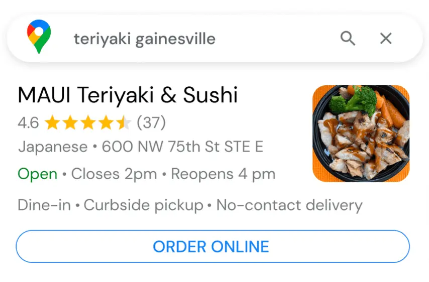 MAUI Teriyaki & Sushi showing on Google search