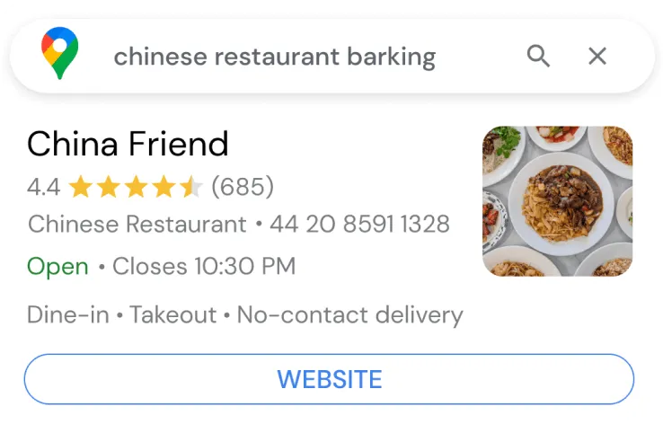 China Friend Restaurant Google Business listing