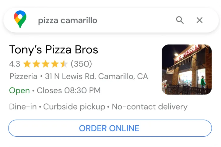 Tony's Pizza Bros showing on Google search